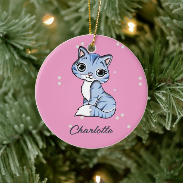 Cute blue cat on pink custom name ceramic ornament (Tree)