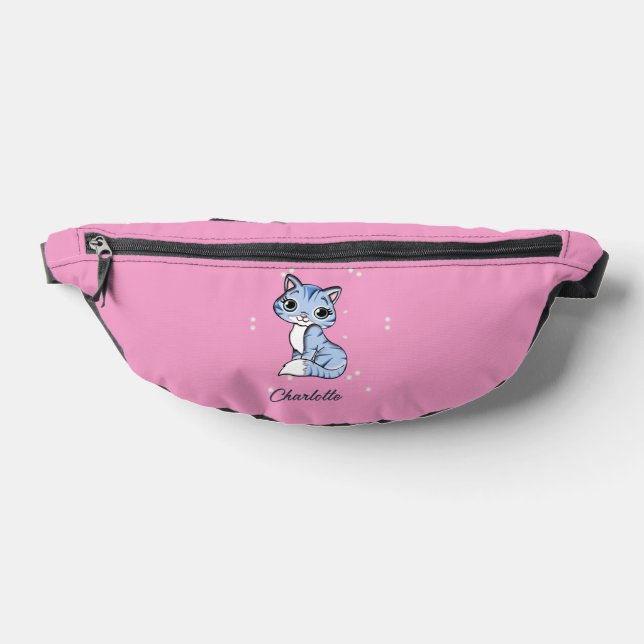 Cute blue cat on pink custom name fanny pack (Lay Down)