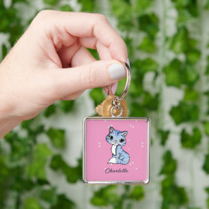 Cute blue cat on pink custom name keychain