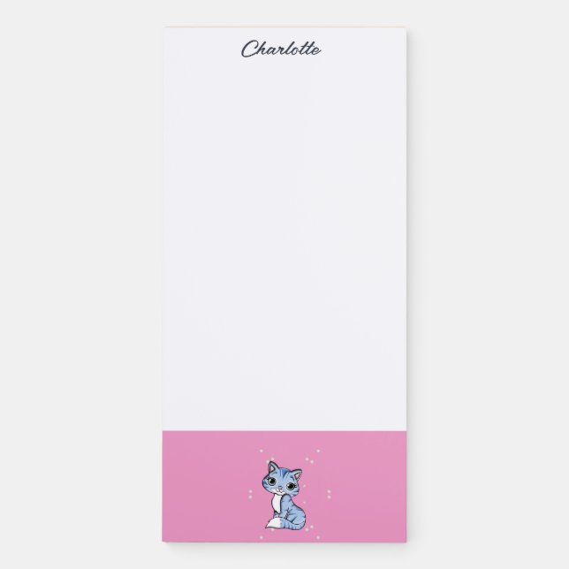 Cute blue cat on pink custom name magnetic notepad (Front)