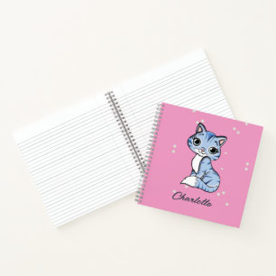Cute blue cat on pink custom name notebook
