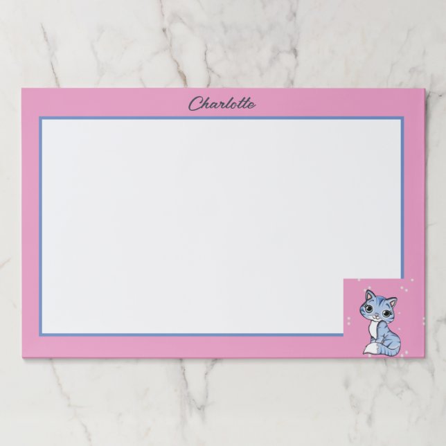 Cute blue cat on pink custom name paper pad (Front)