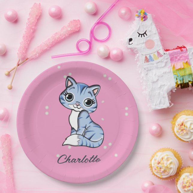 Cute blue cat on pink custom name paper plates (Party)