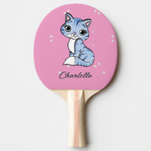 Cute blue cat on pink custom name ping pong paddle