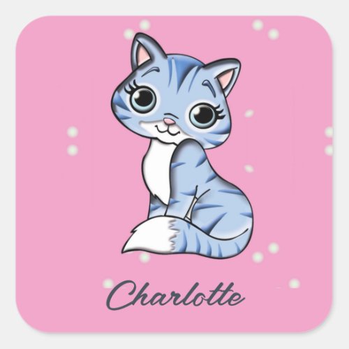 Cute blue cat on pink custom name square sticker