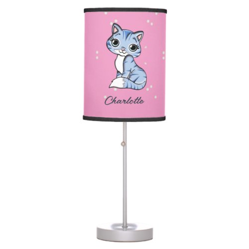 Cute blue cat on pink custom name table lamp