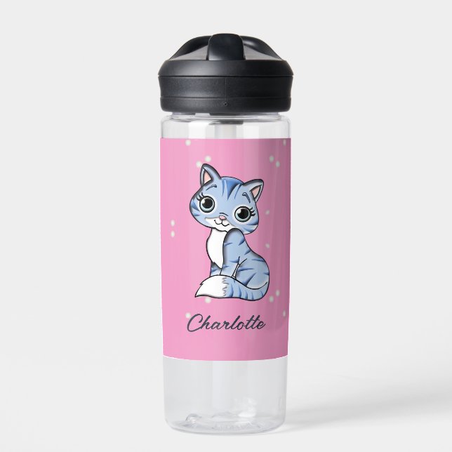 Cute blue cat on pink custom name water bottle (Front)