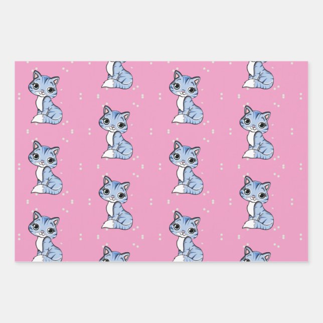 cute blue cat on pink wrapping paper sheets (Front)