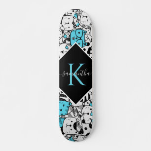 Cute Blue Cat Pattern Name & Initial Fun Cartoon Skateboard