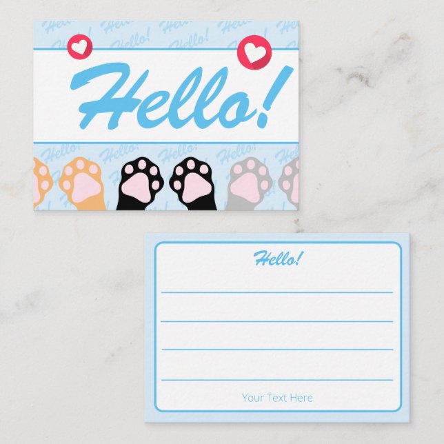Cute Blue Cat Paws Up Hello Lined Mini Note Card (Front/Back)