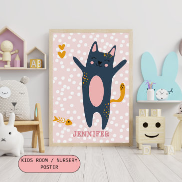Cute Blue Cat - Pink Kids Bedroom/ Nursery