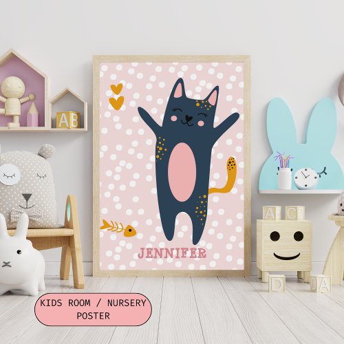 Cute Blue Cat _ Pink Kids Bedroom Nursery Poster