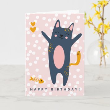 Cute Blue Cat Pink Kids Birthday 
