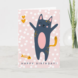 Cute Blue Cat Pink Kids Birthday Card