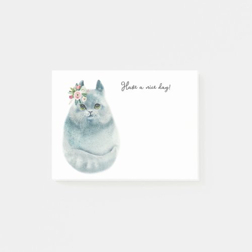 cute blue cat with boho flowers post it notes