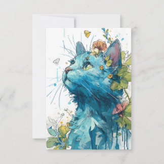 Cute Blue Cat with Flowers Thank You Card