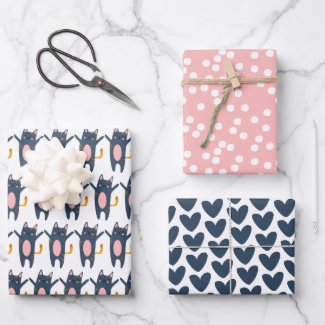 Cute Blue Cats, Hearts and Pink Polkadots Wrapping Paper Sheets