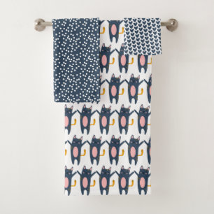 Cute Blue Cats, Hearts and Polkadots Bath Towel Set