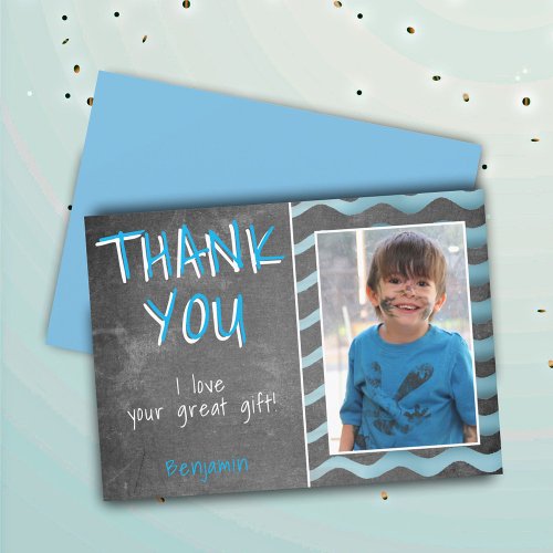 Cute Blue Chalkboard Birthday Photo Thank You Card