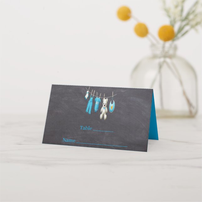 Cute Blue Chalkboard illustration Baby Shower Place Card (Front)