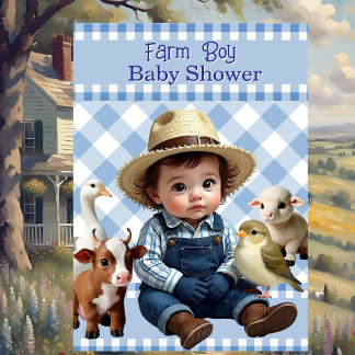 Cute Blue Check Farm Boy Baby Shower Animals Invitation