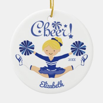 Cute Blue Cheer Blonde Cheerleader Personalized Ceramic Ornament by celebrateitornaments at Zazzle