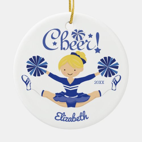 Cute Blue Cheer Blonde Cheerleader Personalized Ceramic Ornament