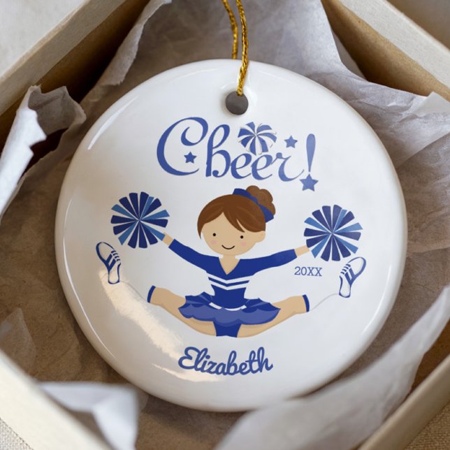Cute Blue Cheer Brunette Cheerleader Ornament (Creator Uploaded)