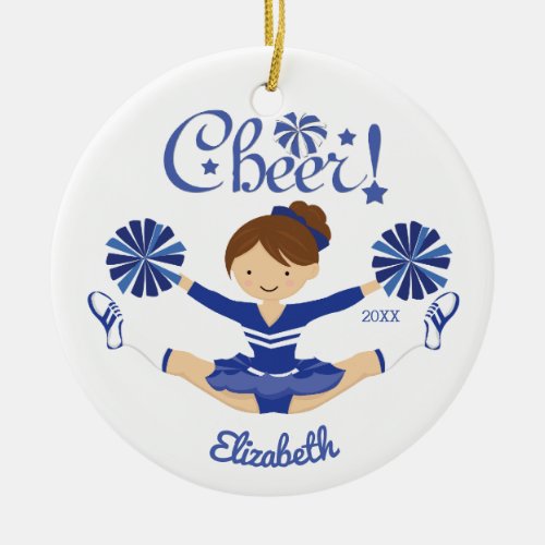 Cute Blue Cheer Brunette Cheerleader Ornament