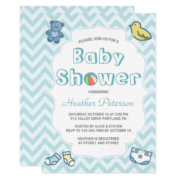 Cute Blue Chevron Baby Shower Invitation