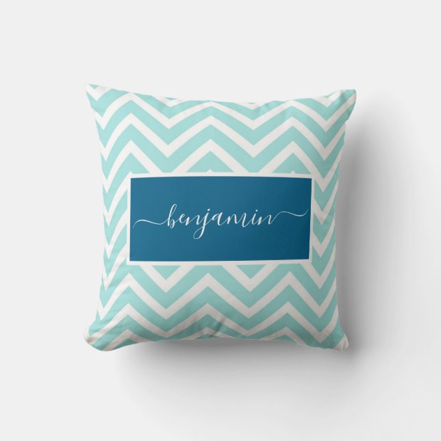 Cute Blue Chevron Zig Zag Pattern Name Throw Pillow (Front)