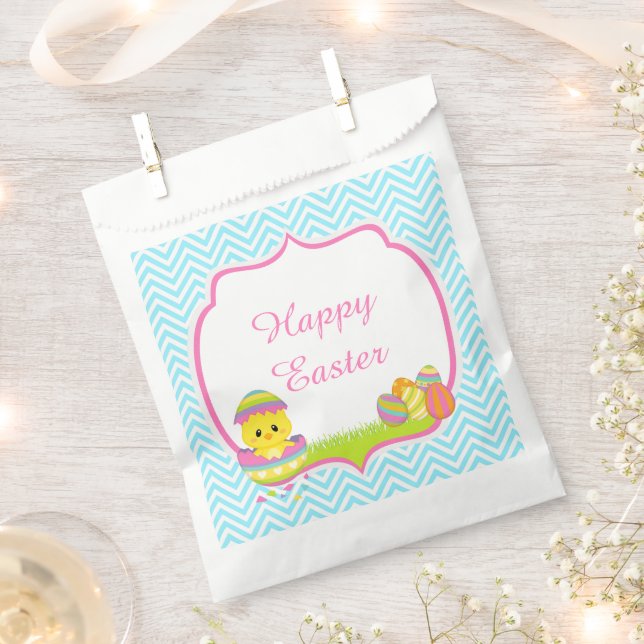 Cute Blue Chevrons Easter Chick Easter Egg Hunt Favor Bag (Clipped)