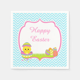 Cute Blue Chevrons Easter Chick Easter Egg Hunt Napkins