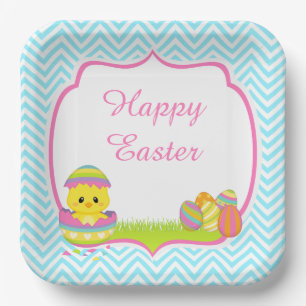 Cute Blue Chevrons Easter Chick Easter Egg Hunt Paper Plates