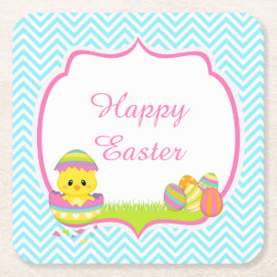Cute Blue Chevrons Easter Chick Easter Egg Hunt Square Paper Coaster