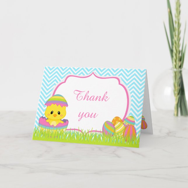Cute Blue Chevrons Easter Chick Easter Egg Hunt Thank You Card (Front)
