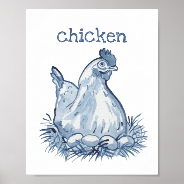 Cute Blue Chicken Hen Watercolor Animal Nature Poster (Front)