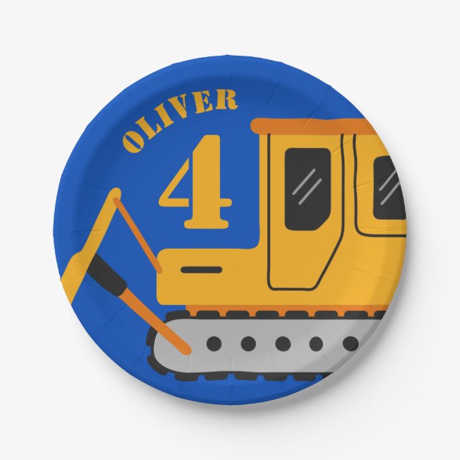 Cute Blue Children's Construction Birthday Paper Plates (Front)