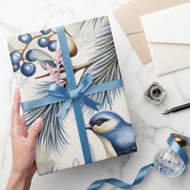 Cute Blue Christmas Bird, Berries, Floral  Wrapping Paper (Gifting)