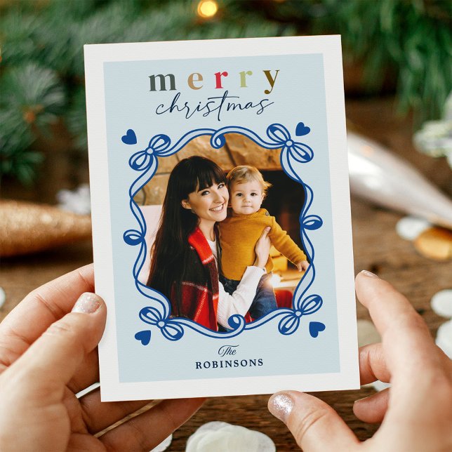 Cute Blue Christmas Bow Heart Frame Photo Holiday Card (Creator Uploaded)