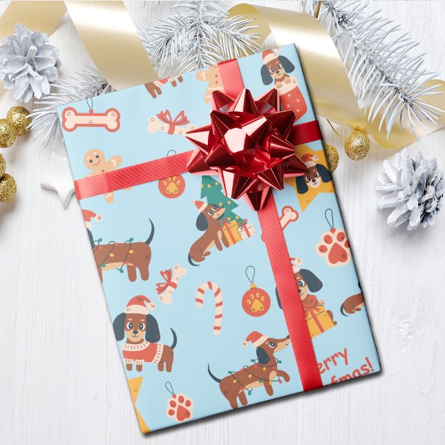 Cute Blue Christmas Dachshund Merry Woofmas Wrapping Paper (Cute festive Dachshund wrapping paper in blue, perfect for Dachshund dog lovers and the pups too!)