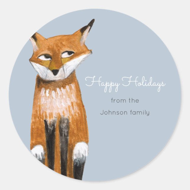 Cute blue Christmas Holiday Animal fox Classic Round Sticker (Front)