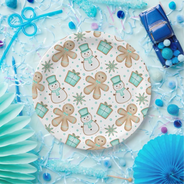 Cute Blue Christmas Holiday Gingerbread Man Paper Plates (Party)