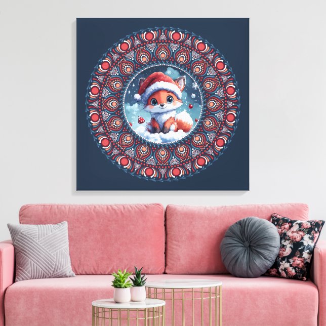Cute Blue Christmas Kawaii Fox Dot Mandala Canvas Print (Insitu(LivingRoom))