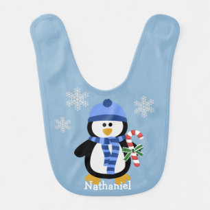 Cute Blue Christmas Penguin Baby Bib