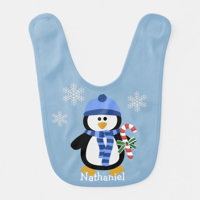 Cute Blue Christmas Penguin Baby Bib (Front)
