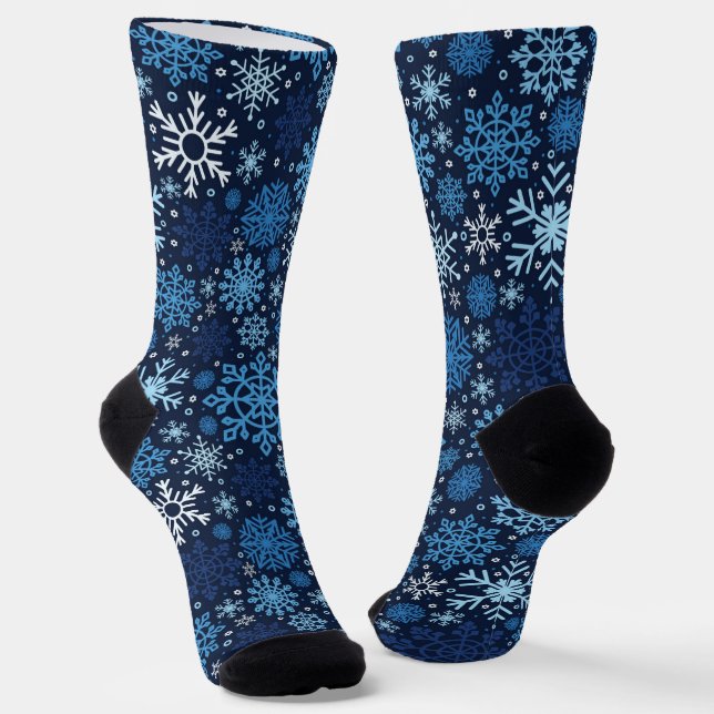 Cute Blue Christmas Snowflake Illustration Pattern Socks (Angled)