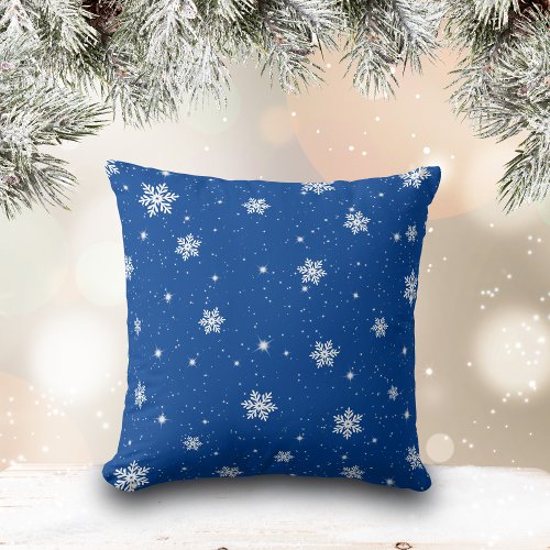 Cute Blue Christmas Stars Snowflakes Pattern Throw Pillow