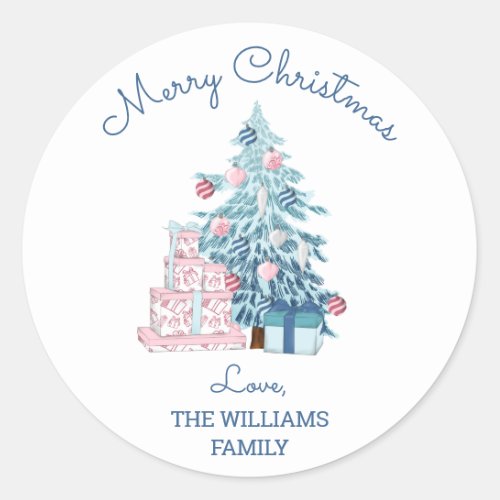 Cute Blue Christmas Tree Merry Christmas  Classic Round Sticker