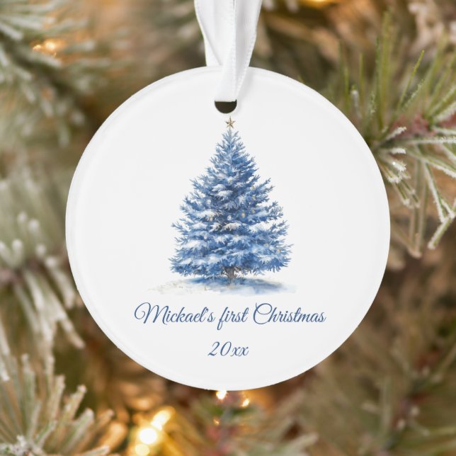 Cute Blue Christmas Tree Personalized Baby’s First Ornament (Tree)